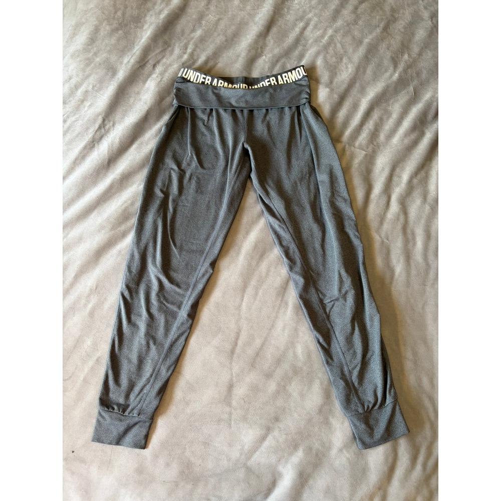 Under Armour Grey Heathered Joggers Fold Over Logo Waistband Sweatpants Womens S